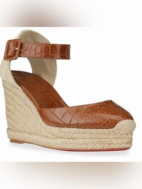 Christian Louboutin Amelina Tan Croc-Embossed Espadrille Wedge Sandal